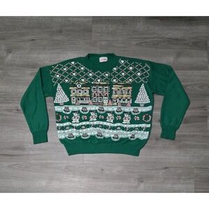 Vintage 90s Christmas Sweatshirt Small Green Snowman Puff Print‎ Glitter